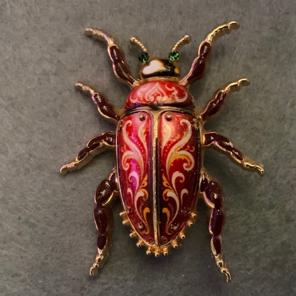 Vintage Red Enamel Scarab Beetle Brooch Gold Tone Green Rhinestone Insect Pin